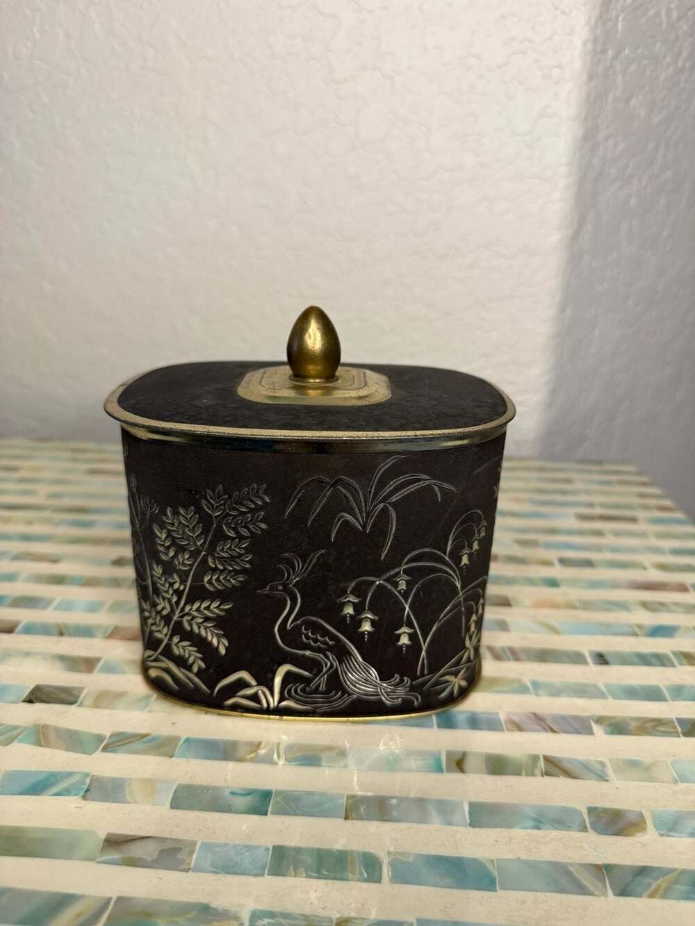 Vintage West Germany Bird and Botanical Chinoiserie Storage Tin